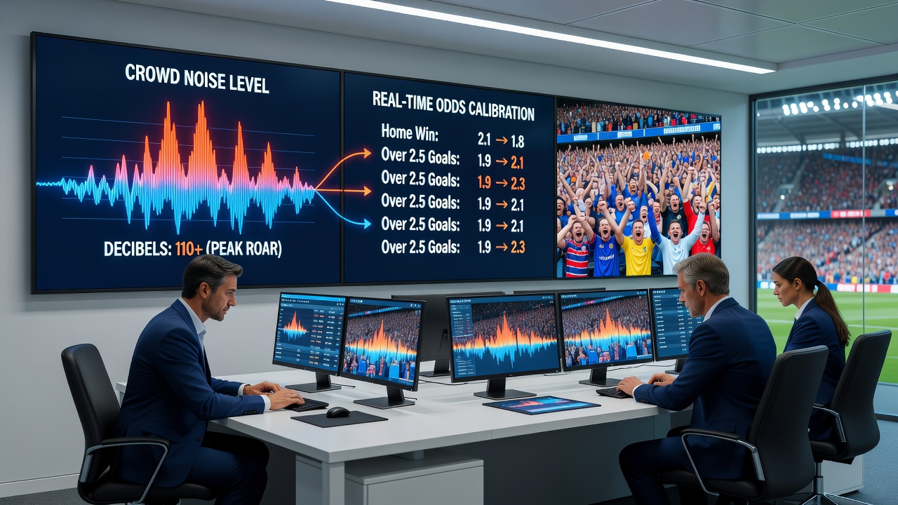 Close-up of live betting interface showing dynamic odds changes alongside stadium noise level indicators
