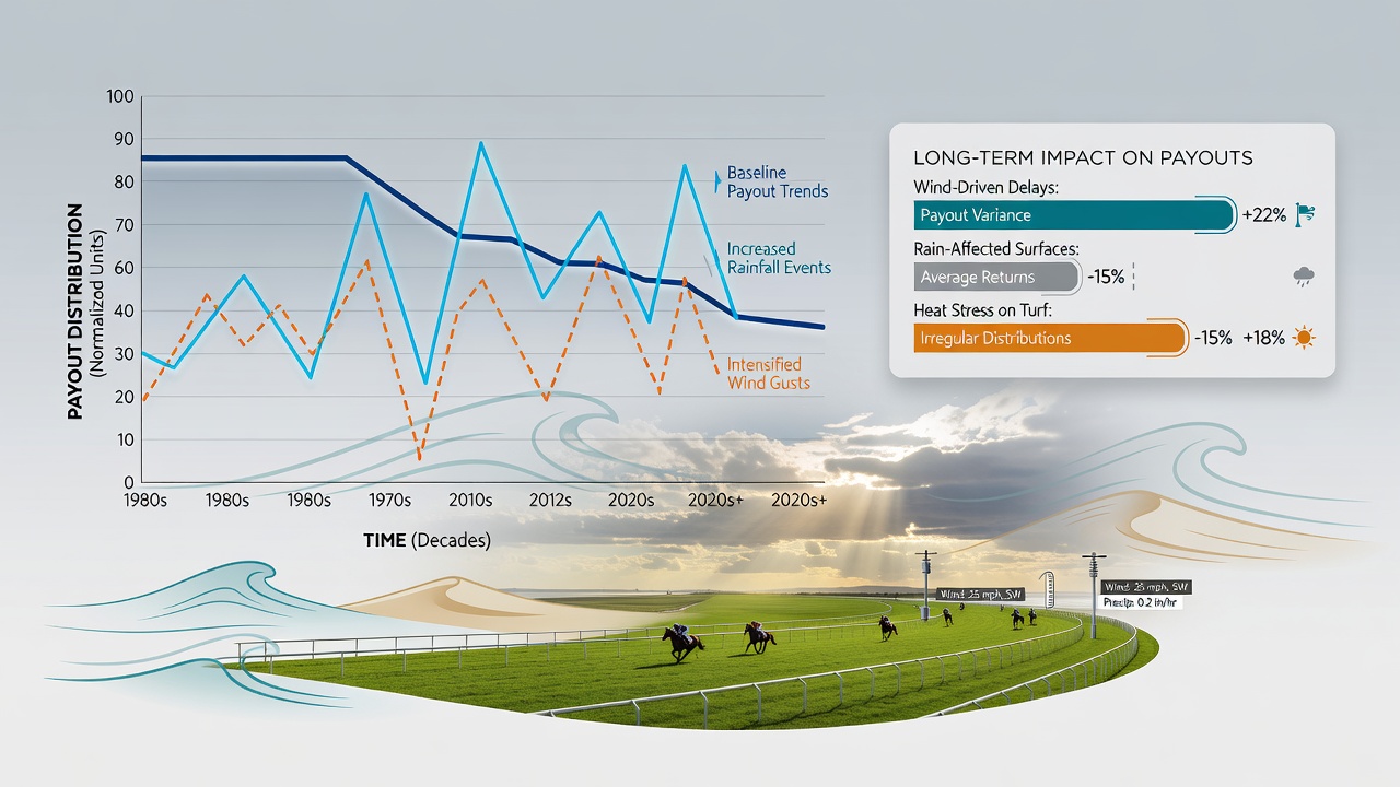 Racehorses competing on a rain-affected coastal track where weather shifts influence finishing positions and subsequent payout calculations